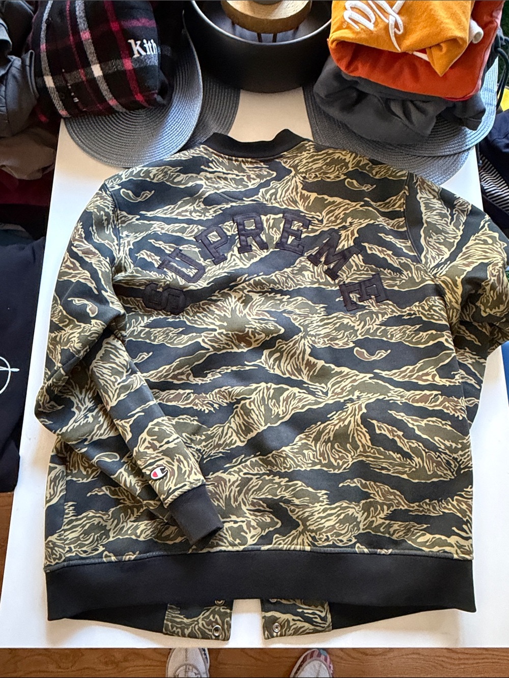 Supreme x Champion Tiger Camo Bomber Jacket in Olive & Black with Logo Patch - Picture 4 of 6